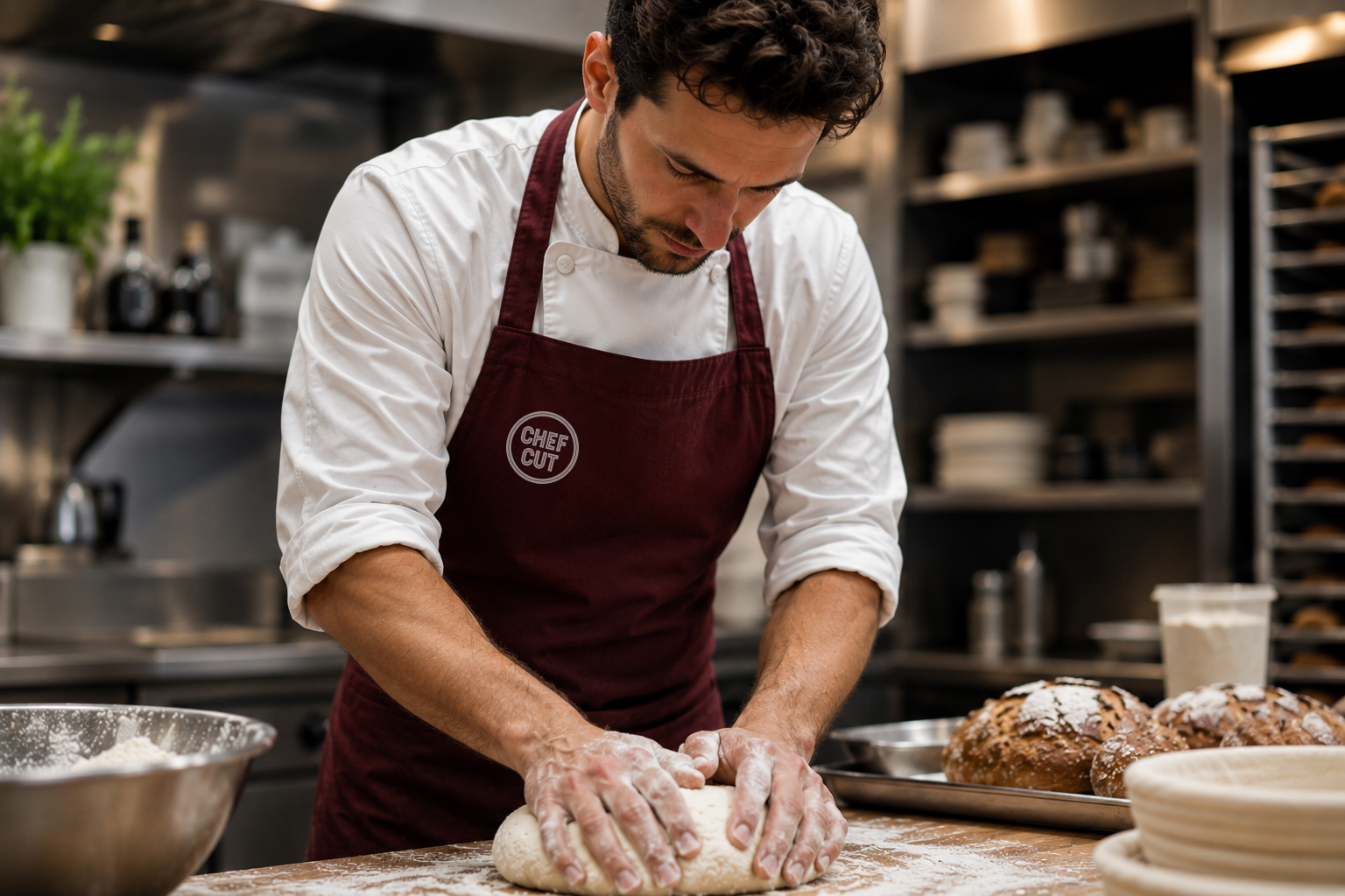 A baker shaping dough at Chef Cut